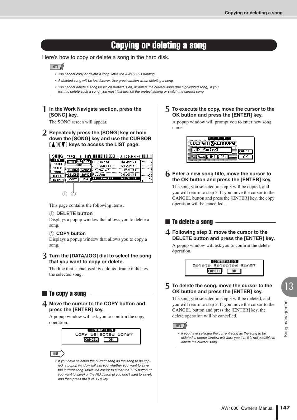 Copying or deleting a song, Y the song, P. 147) | Yamaha AW1600 User Manual | Page 147 / 232