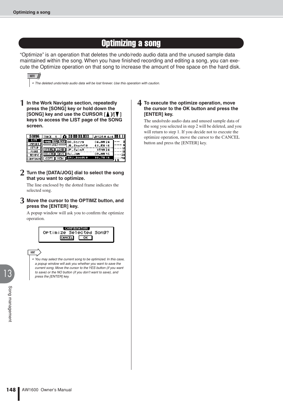 Optimizing a song, Ation, P. 148) | Yamaha AW1600 User Manual | Page 148 / 232