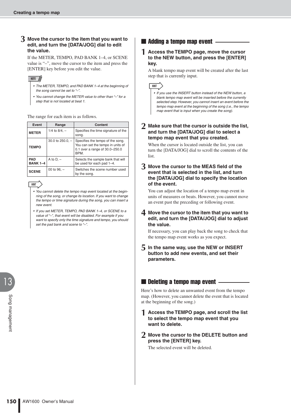 Adding a tempo map event, Deleting a tempo map event | Yamaha AW1600 User Manual | Page 150 / 232