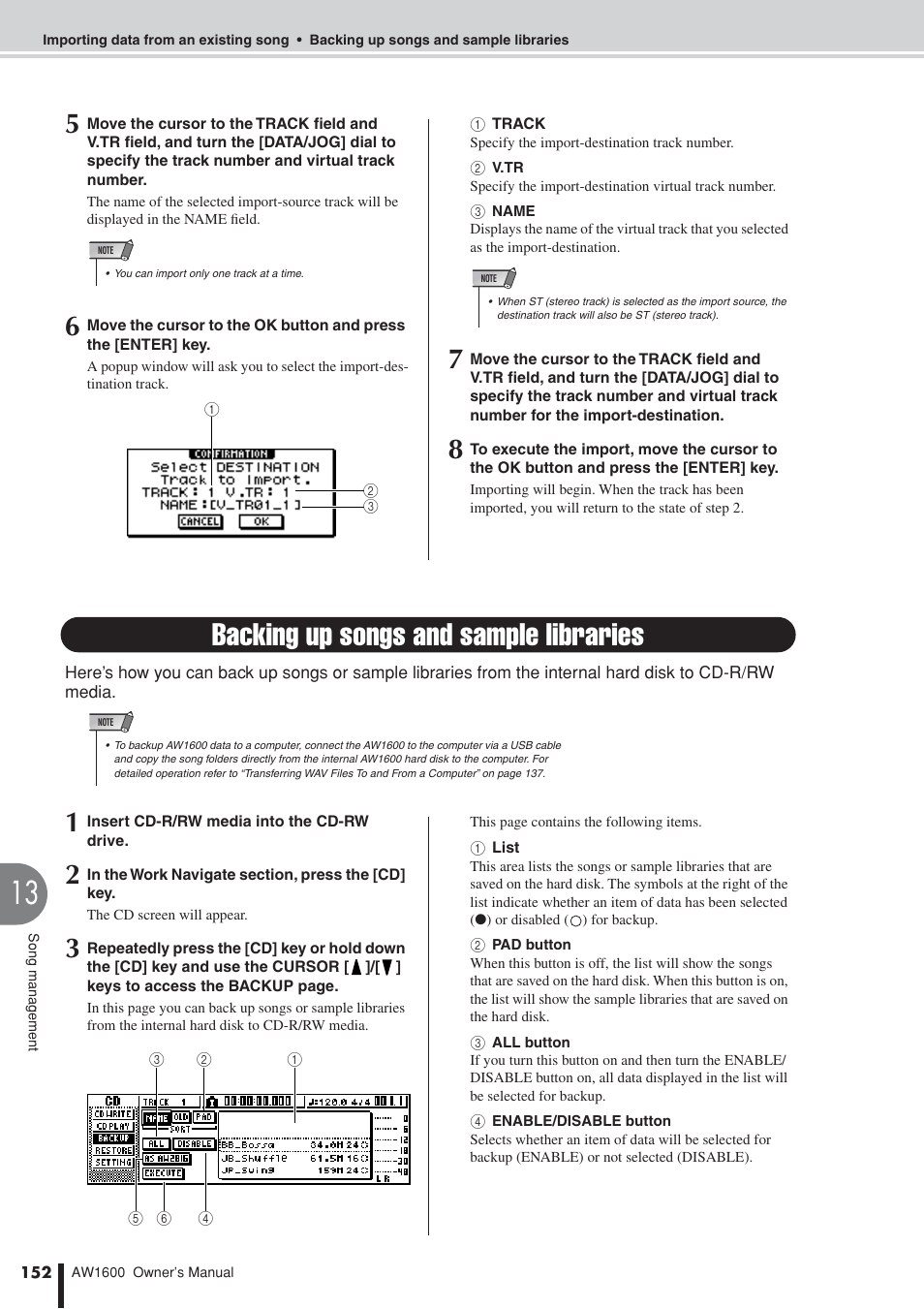 Backing up songs and sample libraries | Yamaha AW1600 User Manual | Page 152 / 232
