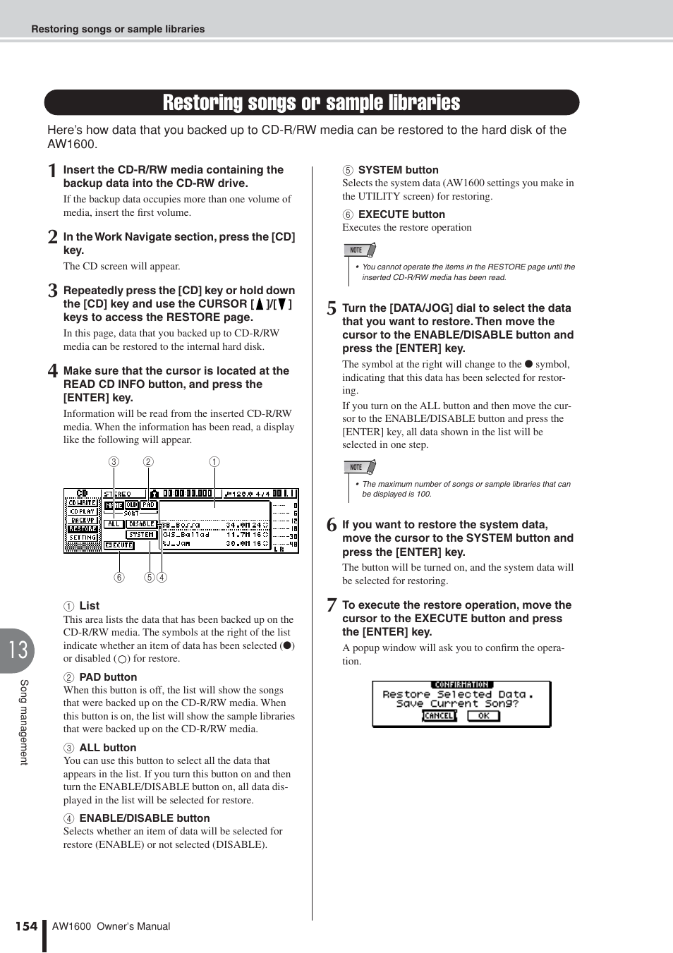 Restoring songs or sample libraries | Yamaha AW1600 User Manual | Page 154 / 232