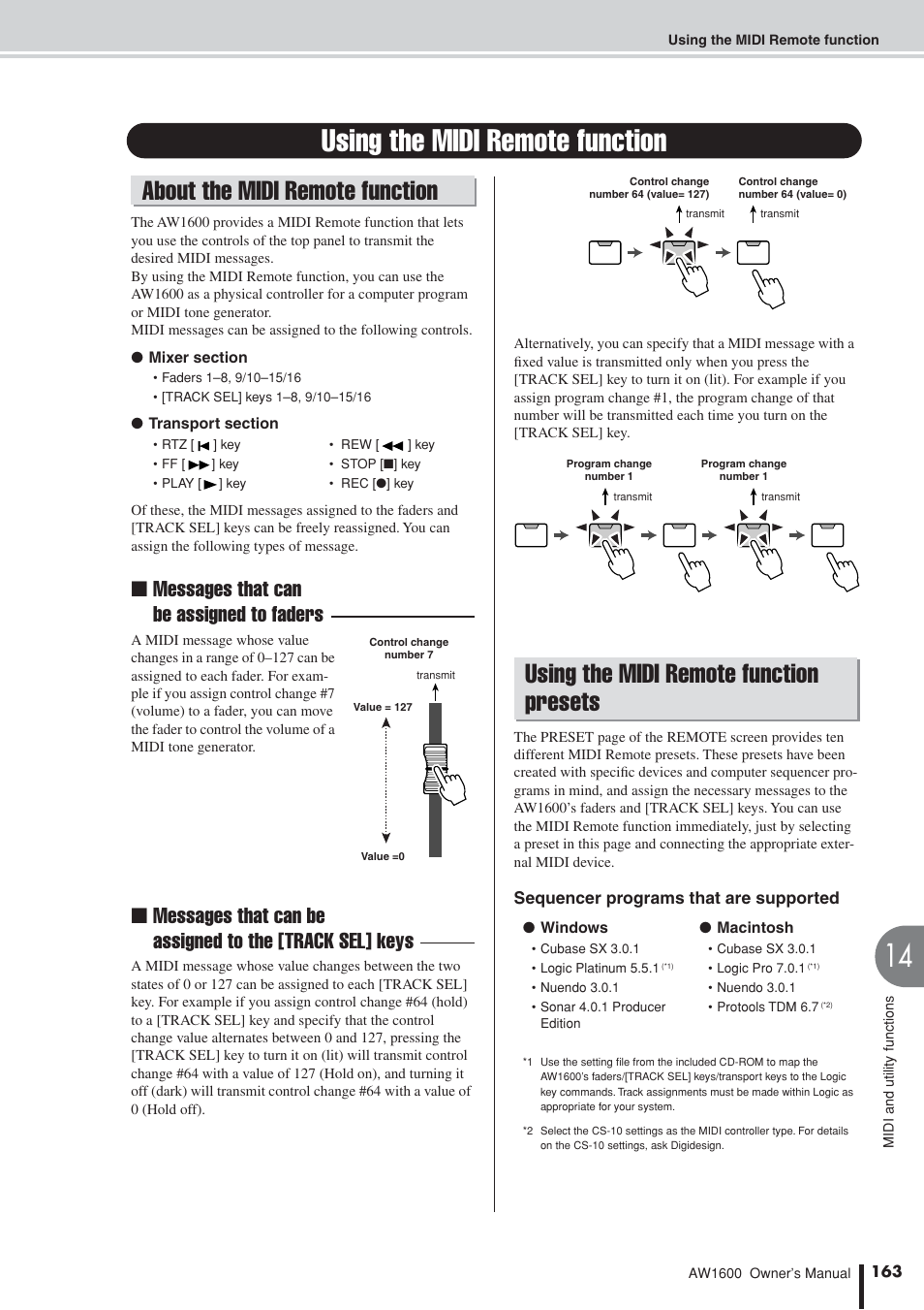 Using the midi remote function, About the midi remote function, Using the midi remote function presets | Messages that can be assigned to faders | Yamaha AW1600 User Manual | Page 163 / 232