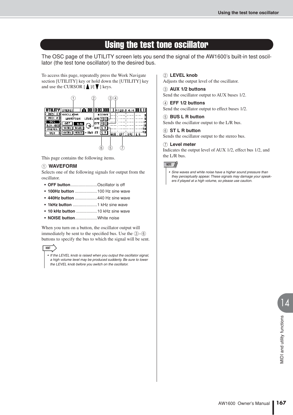 Using the test tone oscillator | Yamaha AW1600 User Manual | Page 167 / 232