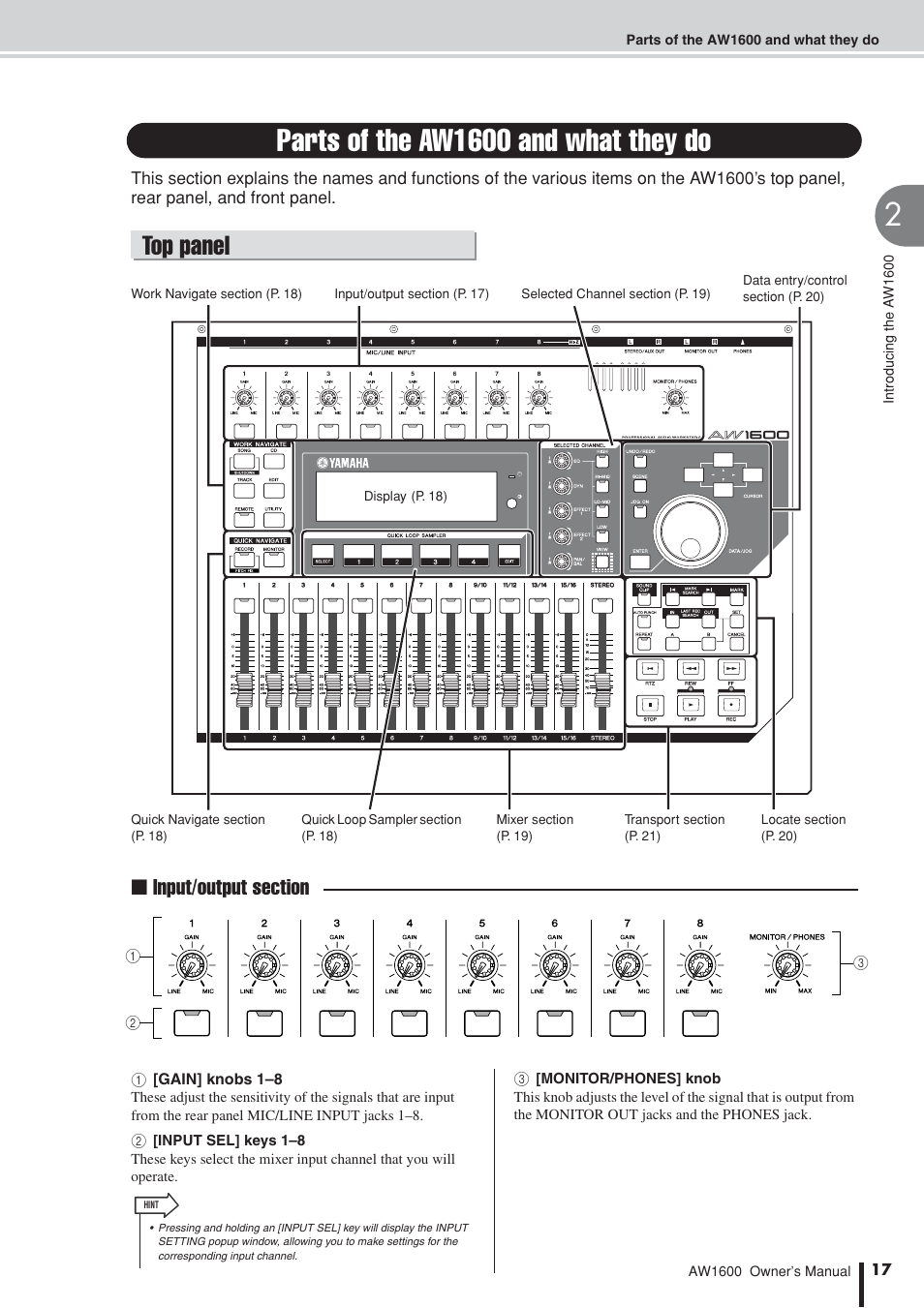 Parts of the aw1600 and what they do, Top panel | Yamaha AW1600 User Manual | Page 17 / 232