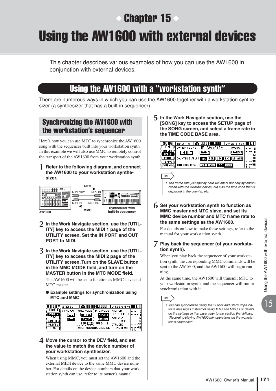 Using the aw1600 with external devices, Using the aw1600 with a “workstation synth, Using the aw1600 with external devices 171 | Synchronizing the aw1600, With the workstation’s sequencer, Chapter 15 | Yamaha AW1600 User Manual | Page 171 / 232