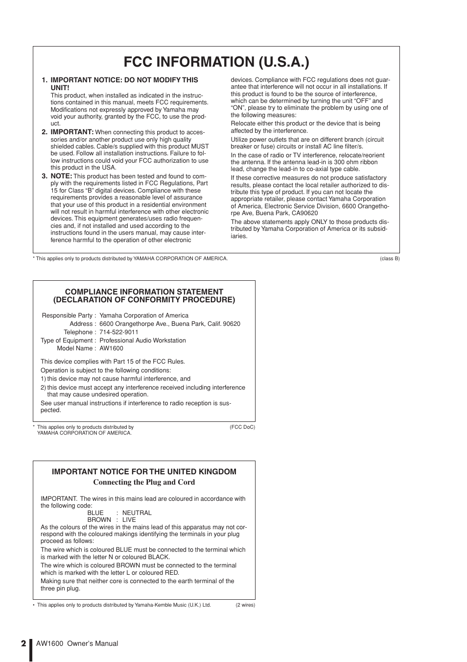 Fcc information (u.s.a.) | Yamaha AW1600 User Manual | Page 2 / 232