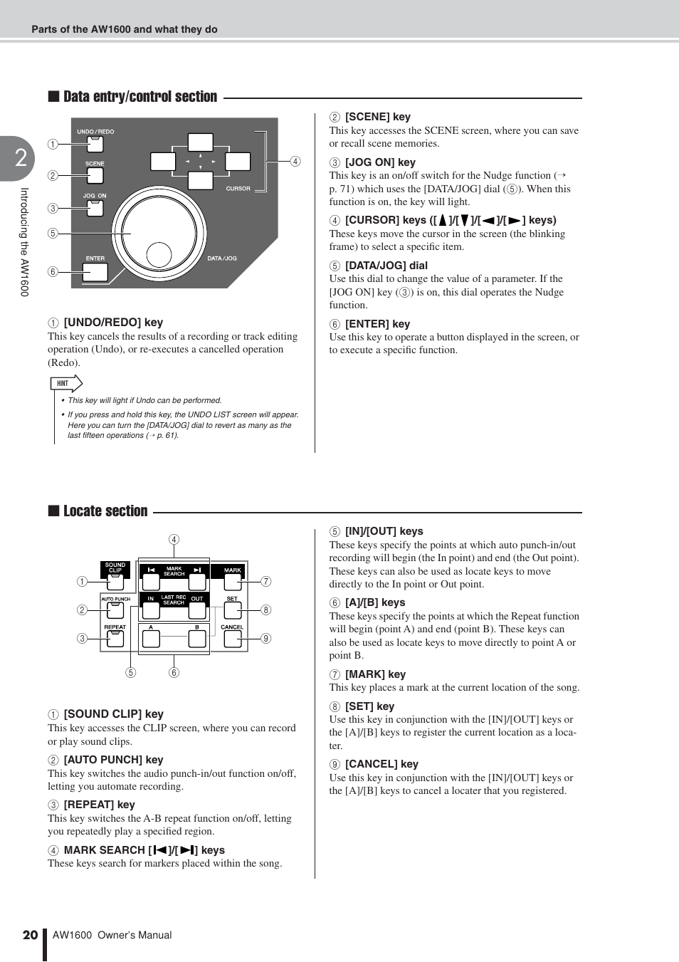 Locate section (p. 20), Data entry/control section (p. 20) | Yamaha AW1600 User Manual | Page 20 / 232