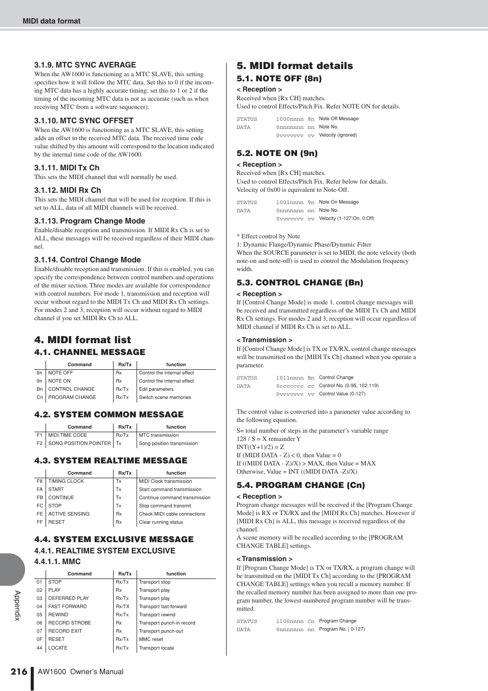 Midi format list, Midi format details, Control change (bn) | Program change (cn), Mtc sync average, Mtc sync offset, Midi tx ch, Midi rx ch, Program change mode, Control change mode | Yamaha AW1600 User Manual | Page 216 / 232