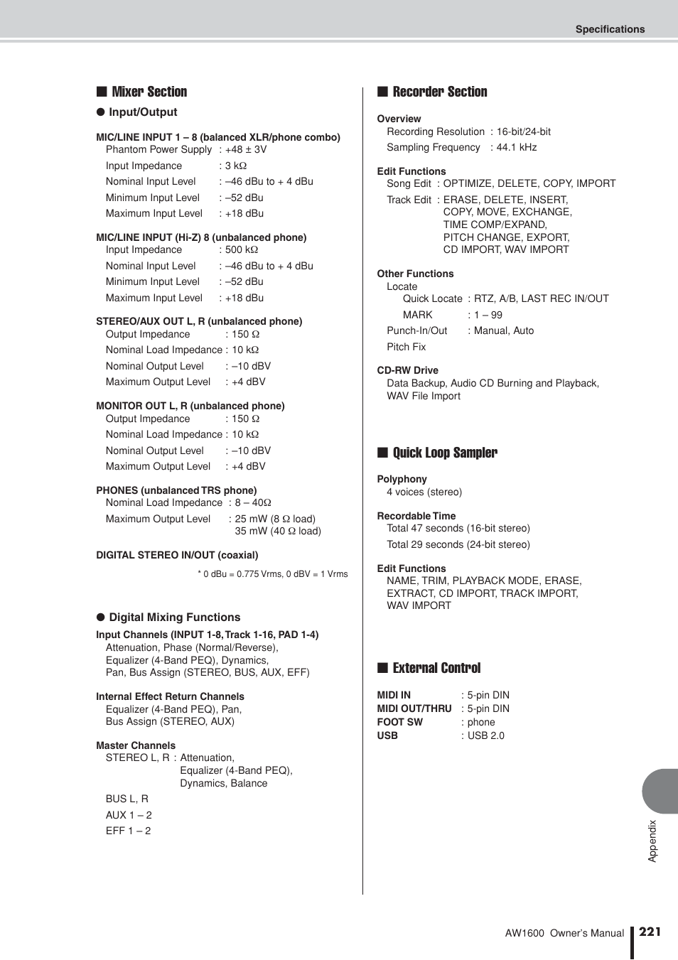 Quick loop sampler, External control | Yamaha AW1600 User Manual | Page 221 / 232