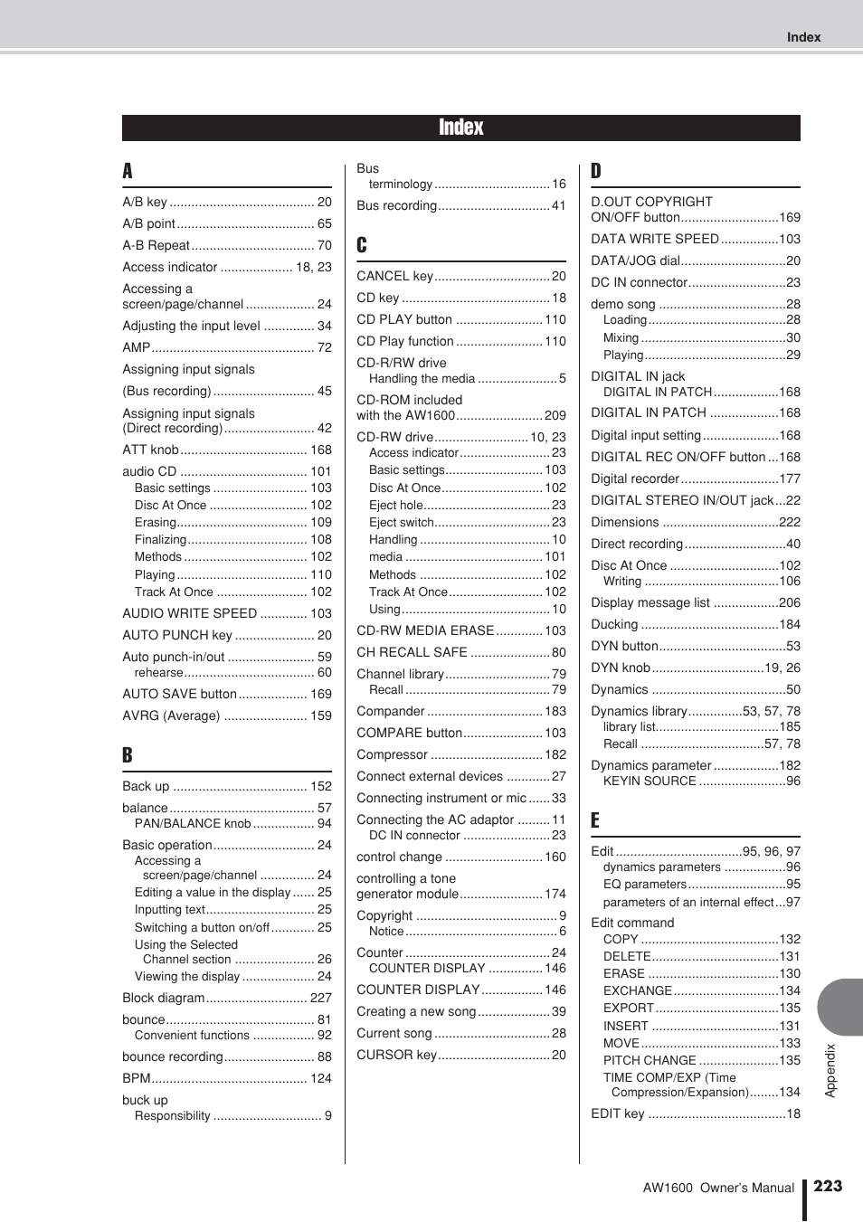 Index | Yamaha AW1600 User Manual | Page 223 / 232