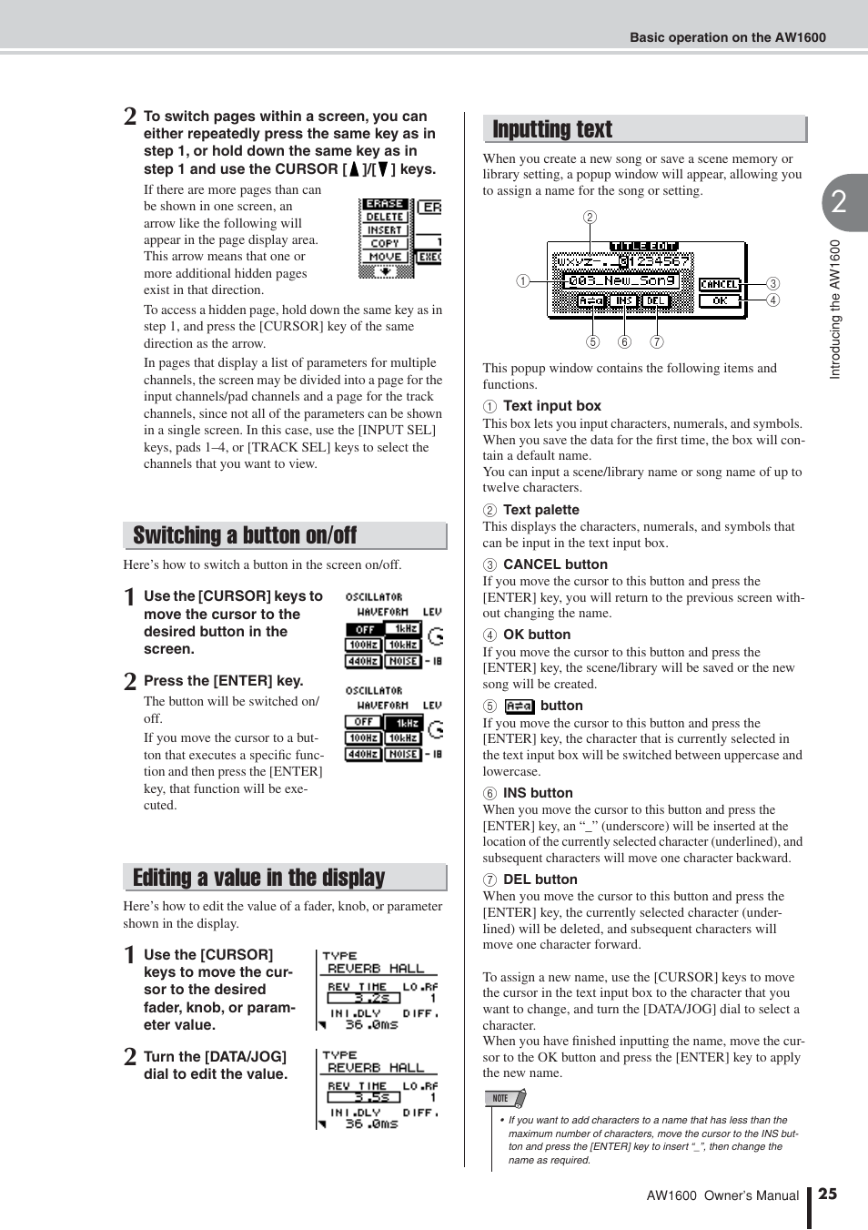 Switching a button on/off, Editing a value in the display, Inputting text | Yamaha AW1600 User Manual | Page 25 / 232