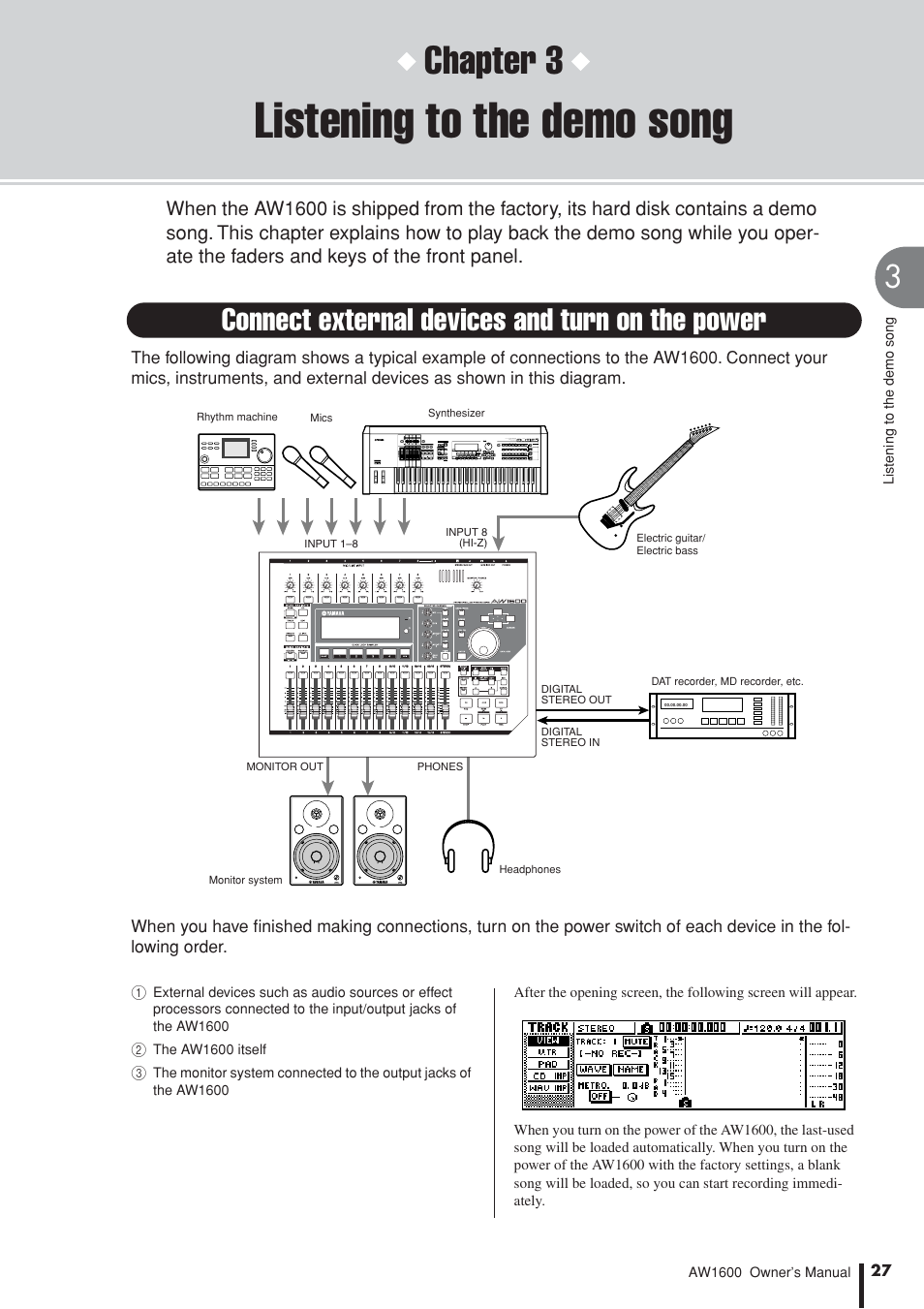 Listening to the demo song, Connect external devices and turn on the power, Chapter 3 | Yamaha AW1600 User Manual | Page 27 / 232
