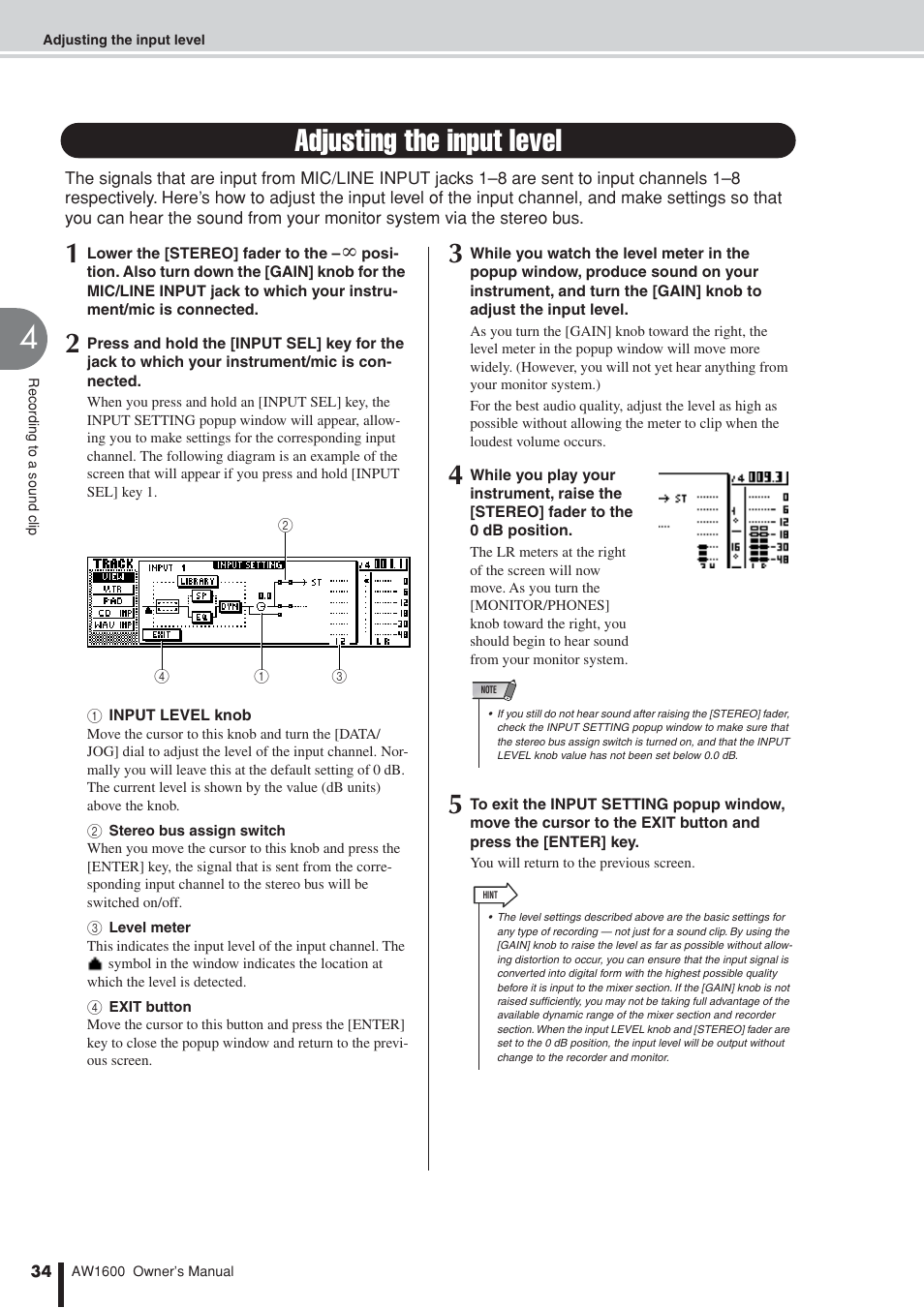 Adjusting the input level | Yamaha AW1600 User Manual | Page 34 / 232