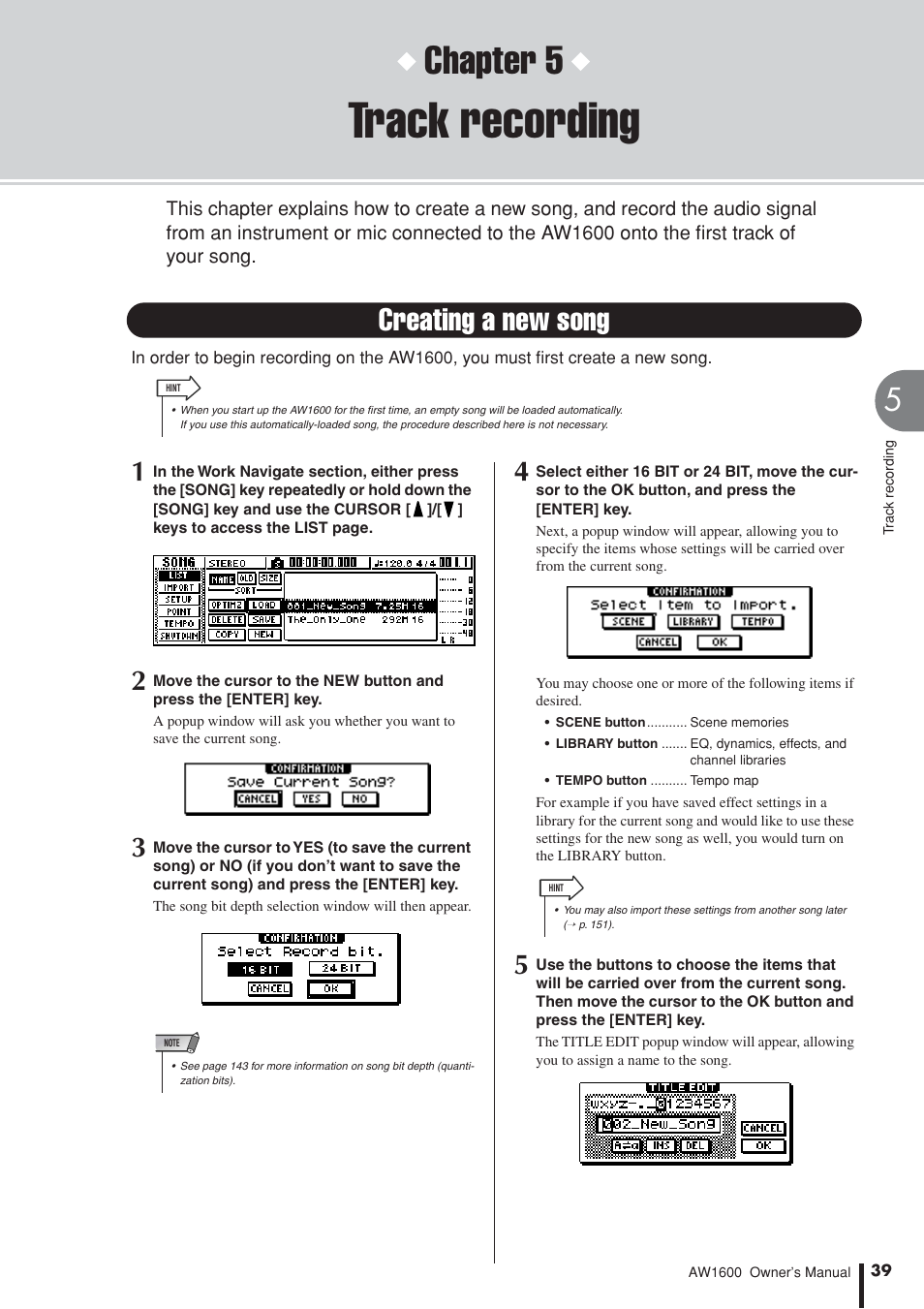 Track recording, Creating a new song, Chapter 5 | Yamaha AW1600 User Manual | Page 39 / 232