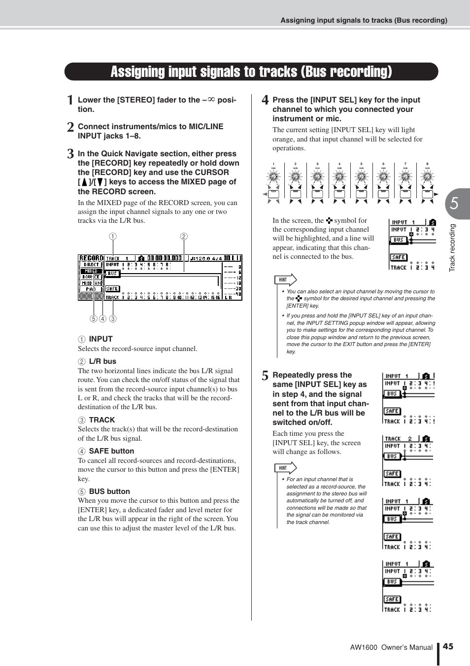 Assigning input signals to tracks (bus recording) | Yamaha AW1600 User Manual | Page 45 / 232