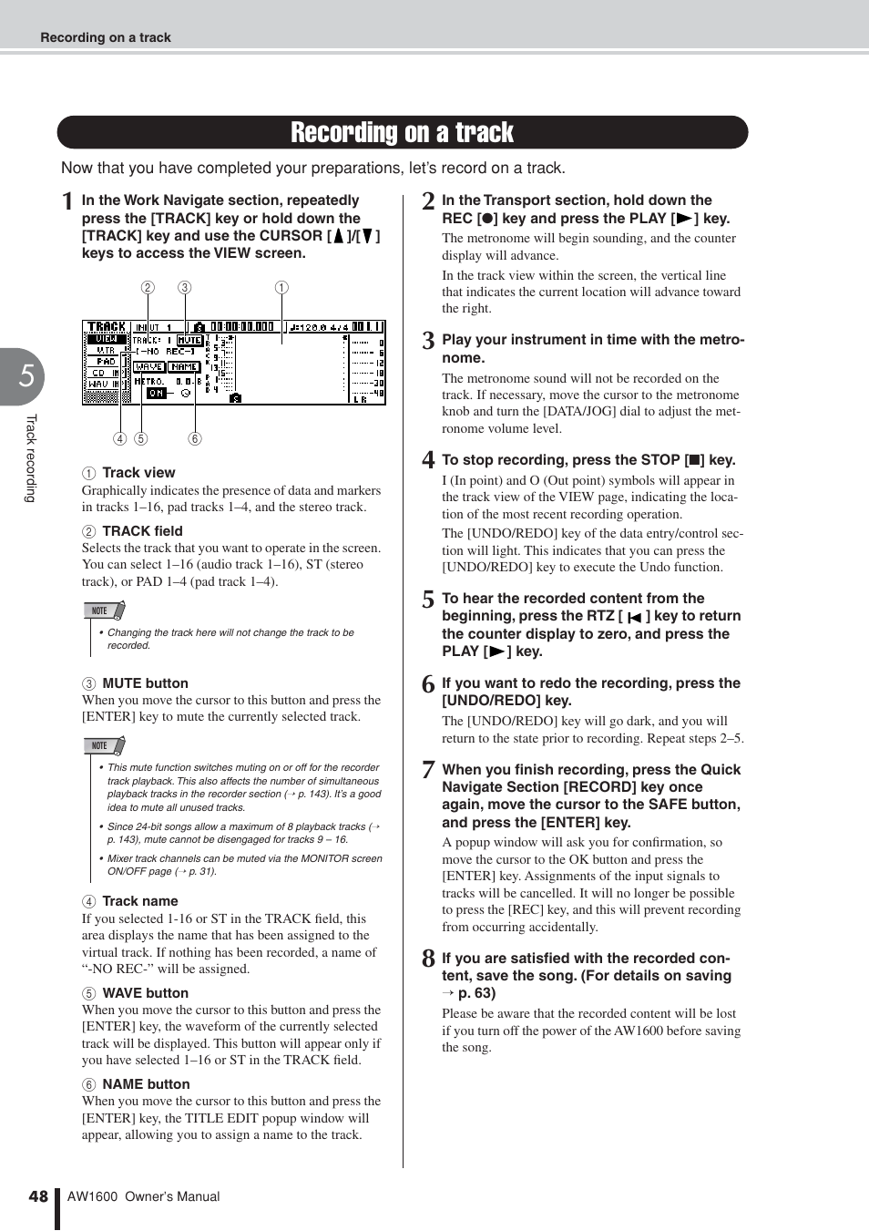 Recording on a track | Yamaha AW1600 User Manual | Page 48 / 232