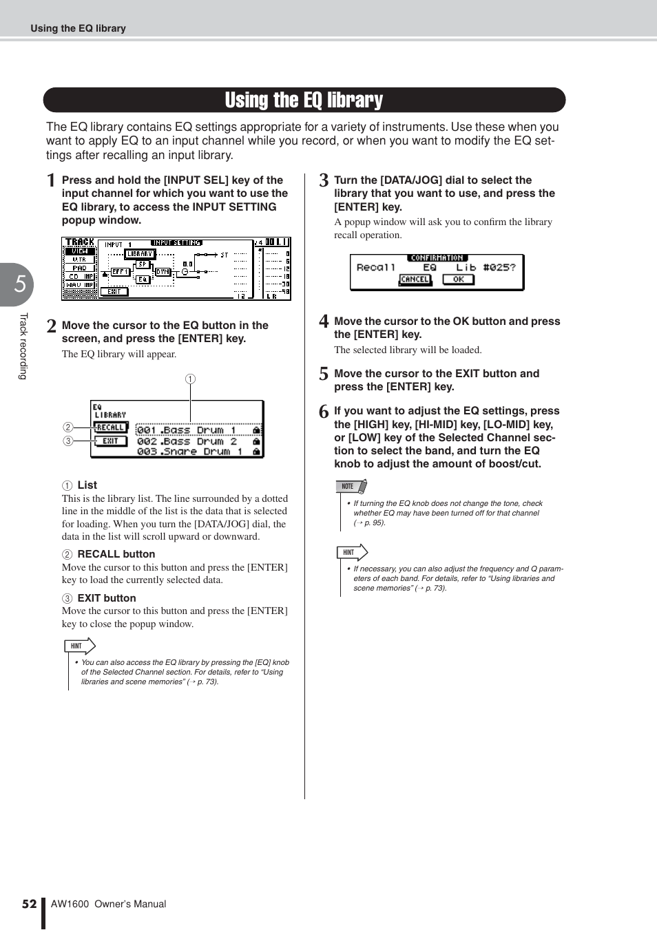 Using the eq library | Yamaha AW1600 User Manual | Page 52 / 232