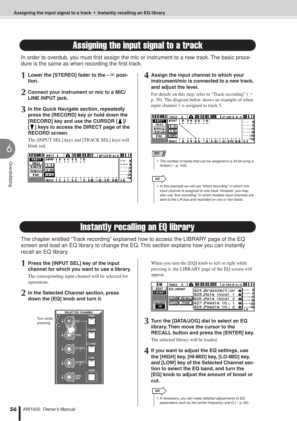 Assigning the input signal to a track, Instantly recalling an eq library | Yamaha AW1600 User Manual | Page 56 / 232