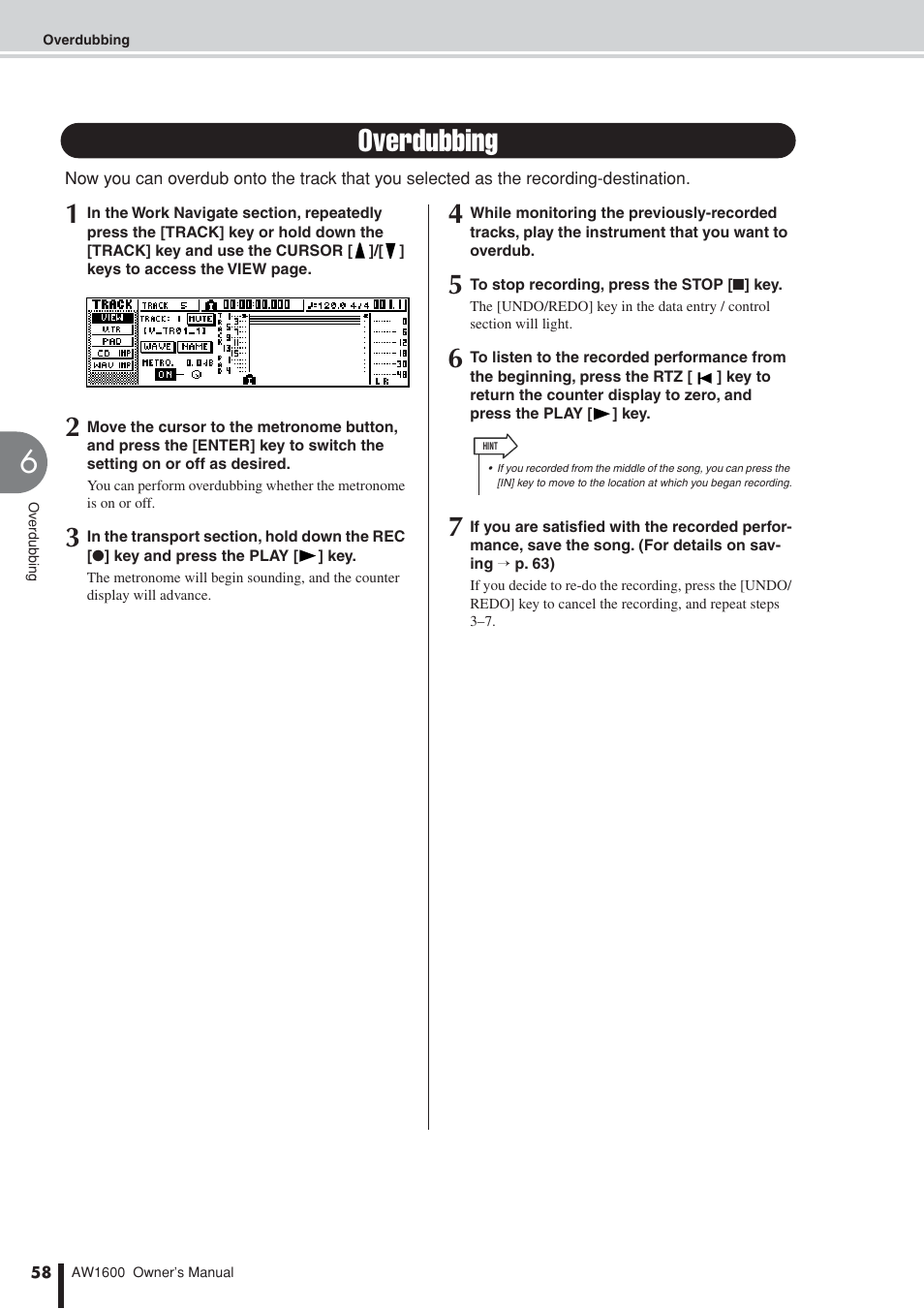 Overdubbing | Yamaha AW1600 User Manual | Page 58 / 232