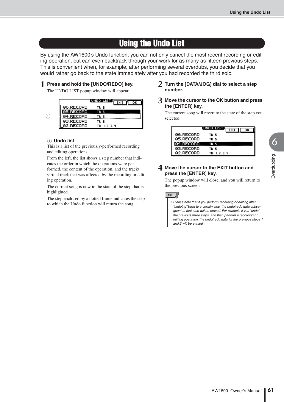 Using the undo list, Ations, P. 61) | Yamaha AW1600 User Manual | Page 61 / 232