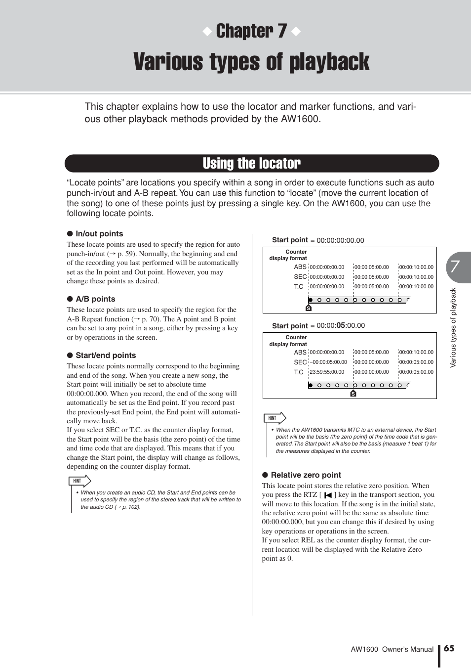 Various types of playback, Using the locator, Chapter 7 | Yamaha AW1600 User Manual | Page 65 / 232