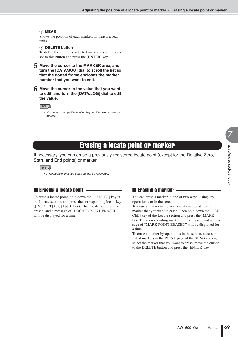 Erasing a locate point or marker, Ers can be deleted, P. 69) or mo | Erasing a locate point ■ erasing a marker | Yamaha AW1600 User Manual | Page 69 / 232