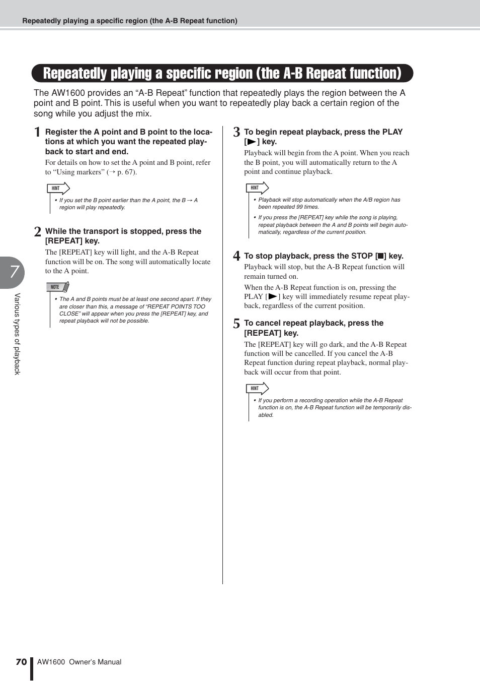 A-b repeat function, P. 70) | Yamaha AW1600 User Manual | Page 70 / 232