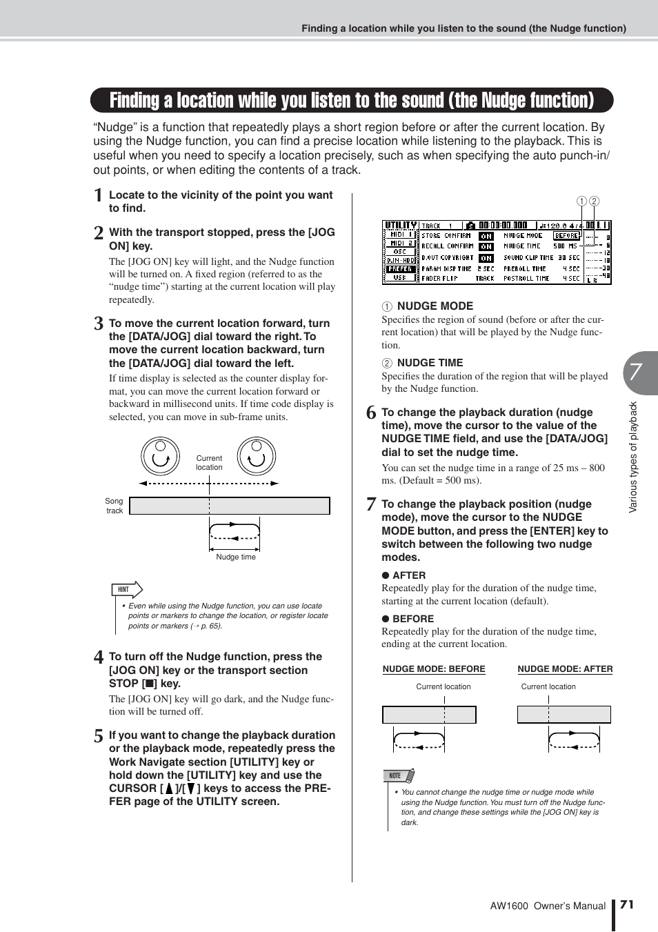 F switch for the nudge function, P. 71) which uses the [d, Can use the nudge function | P. 71) which repeatedly pla | Yamaha AW1600 User Manual | Page 71 / 232