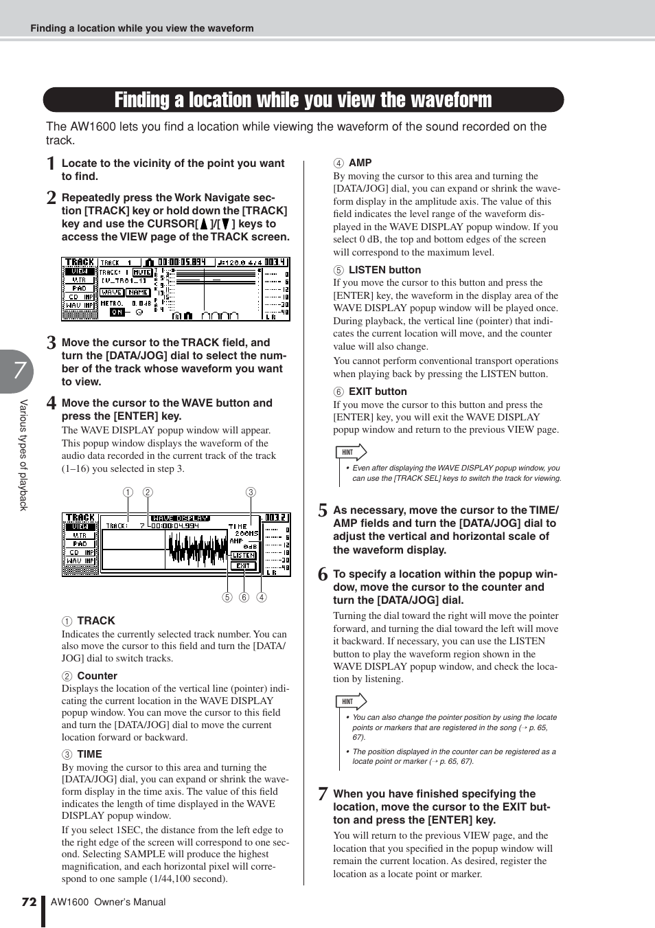 Finding a location while you view the waveform, P. 72) which lets y | Yamaha AW1600 User Manual | Page 72 / 232