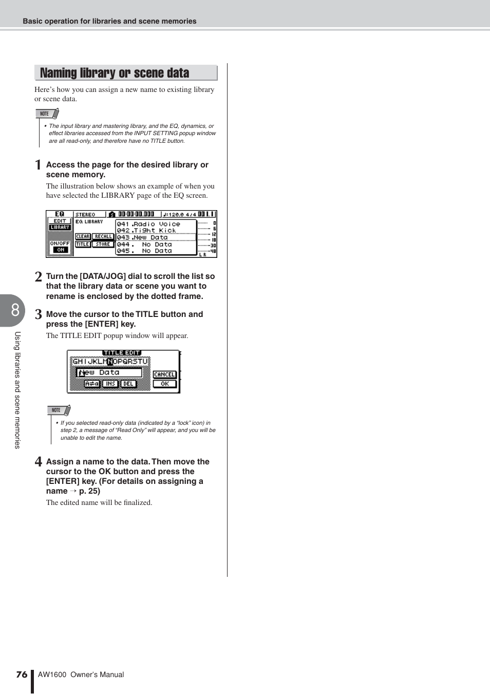 Naming library or scene data | Yamaha AW1600 User Manual | Page 76 / 232