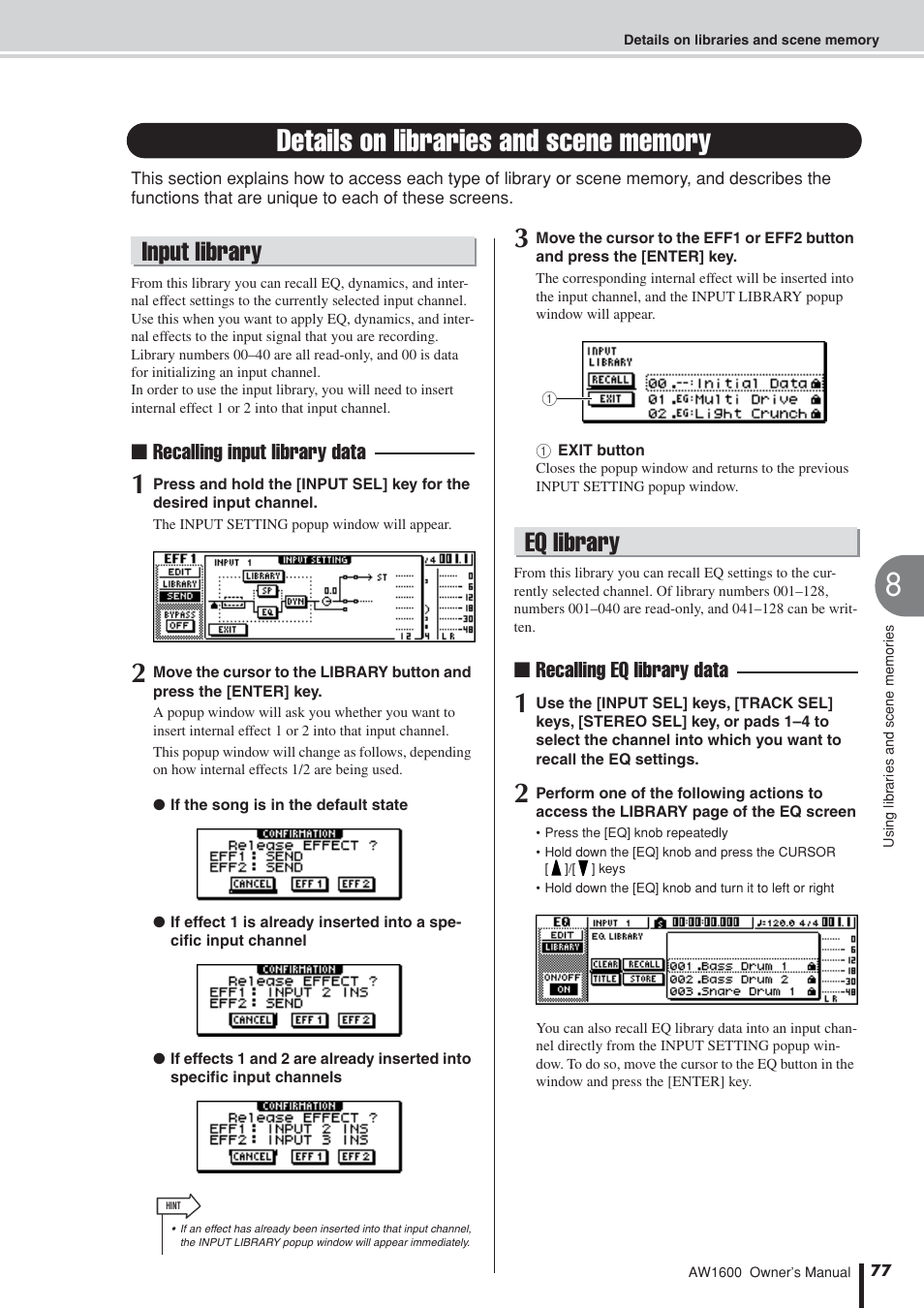Details on libraries and scene memory, Input library, Eq library | Input library eq library, Recalling input library data, Recalling eq library data | Yamaha AW1600 User Manual | Page 77 / 232