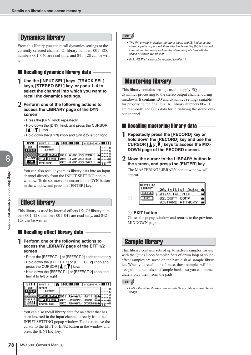 Dynamics library, Effect library, Mastering library | Sample library, Recalling dynamics library data, Recalling effect library data, Recalling mastering library data | Yamaha AW1600 User Manual | Page 78 / 232