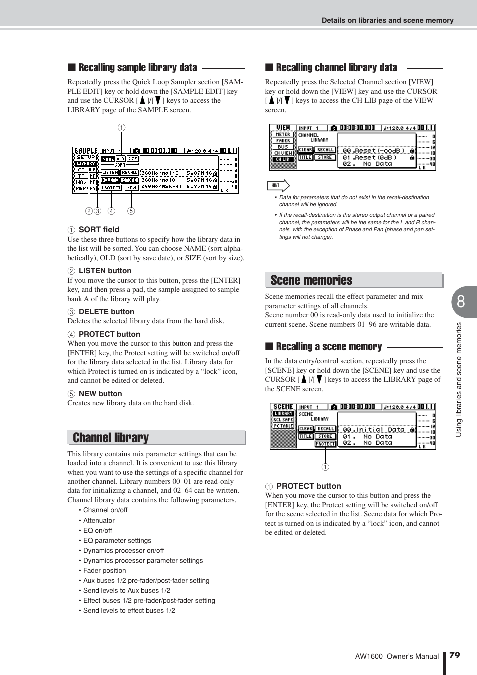 Channel library, Scene memories, Channel library scene memories | Recalling sample library data, Recalling channel library data | Yamaha AW1600 User Manual | Page 79 / 232