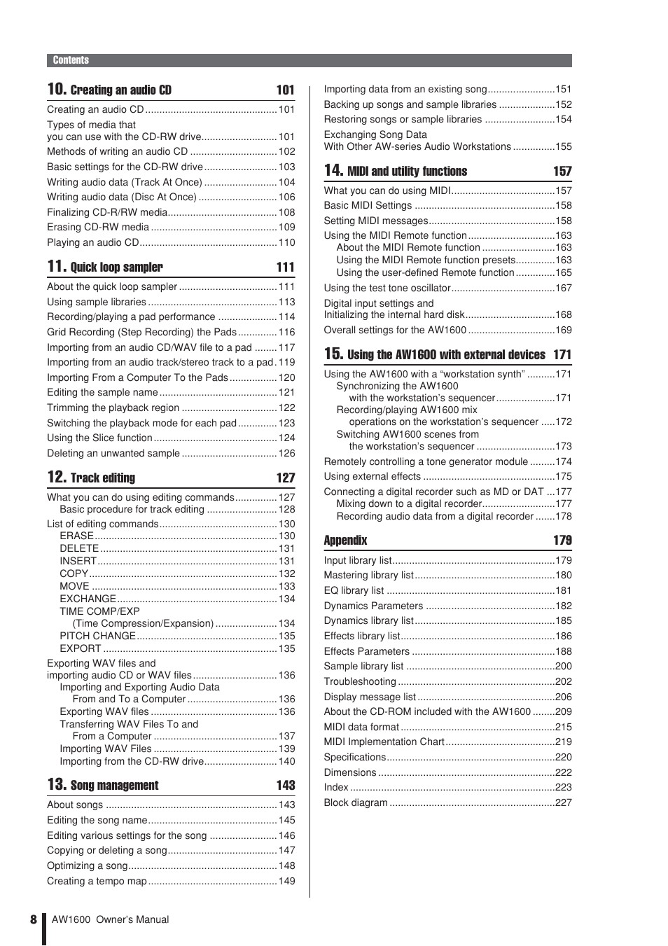 Creating an audio cd 101, Quick loop sampler 111, Track editing 127 | Song management 143, Midi and utility functions 157, Appendix 179 | Yamaha AW1600 User Manual | Page 8 / 232