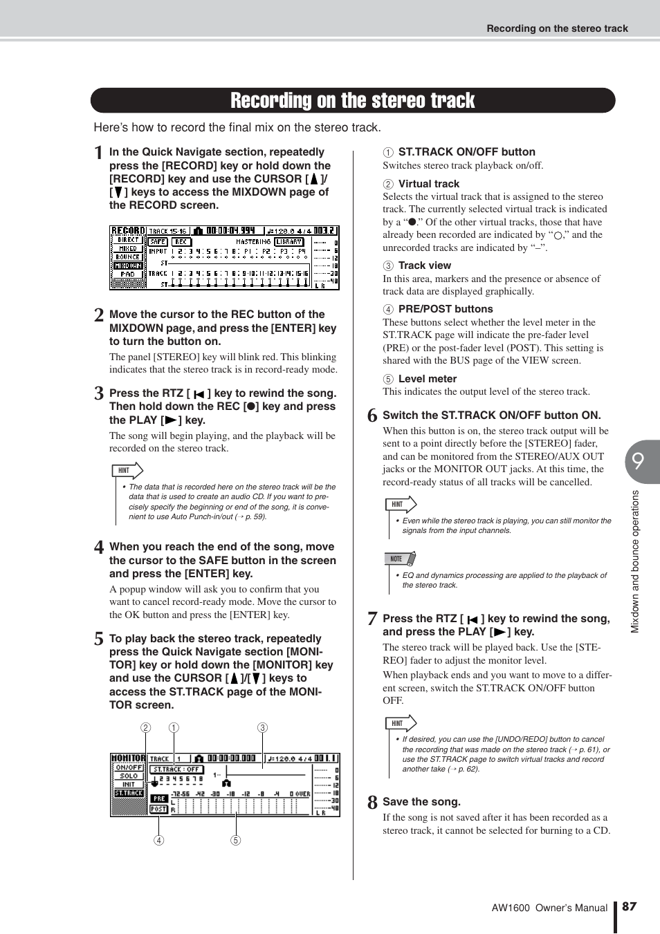 Recording on the stereo track | Yamaha AW1600 User Manual | Page 87 / 232