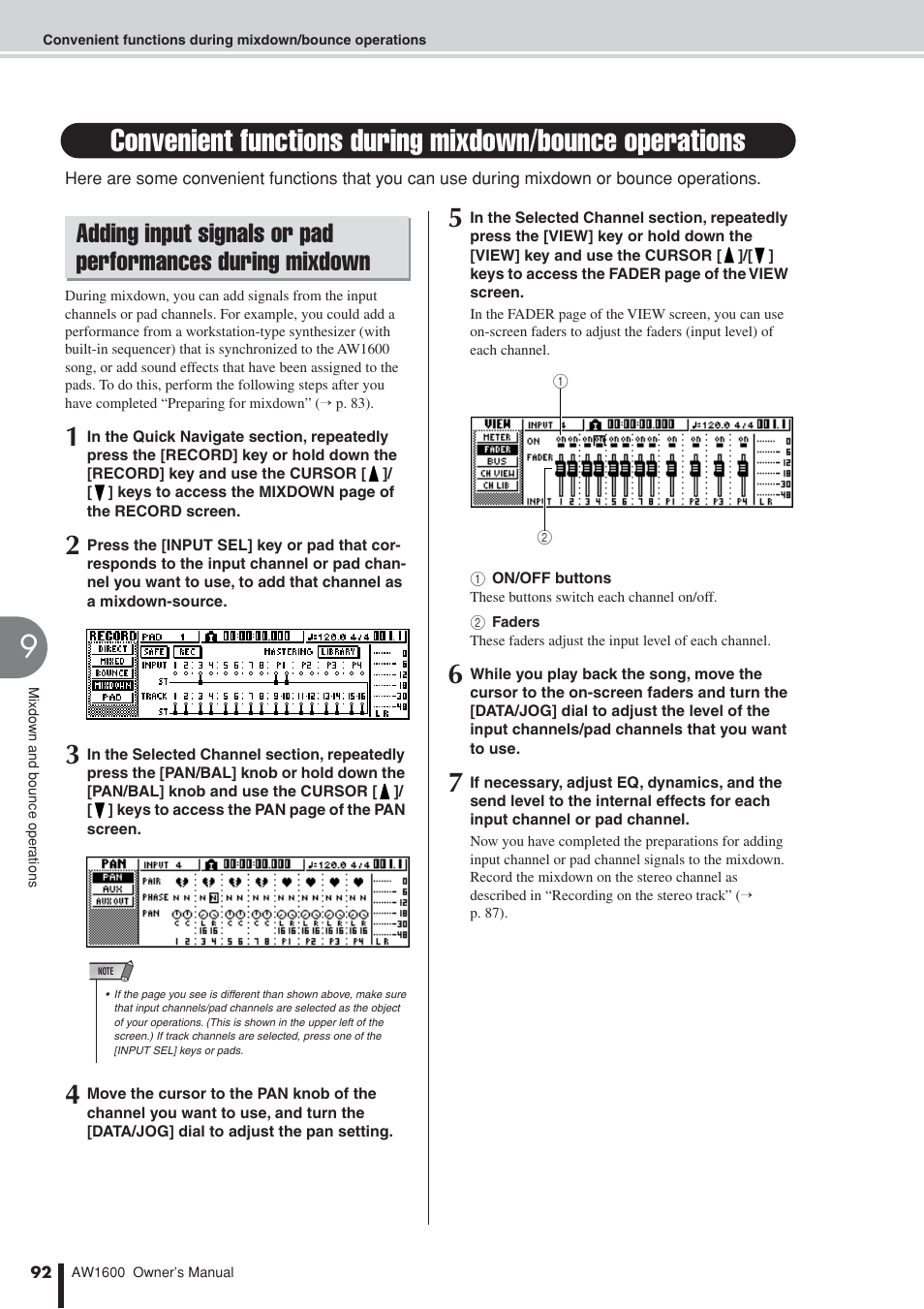 Adding input signals or pad, Performances during mixdown, P. 92) | Yamaha AW1600 User Manual | Page 92 / 232