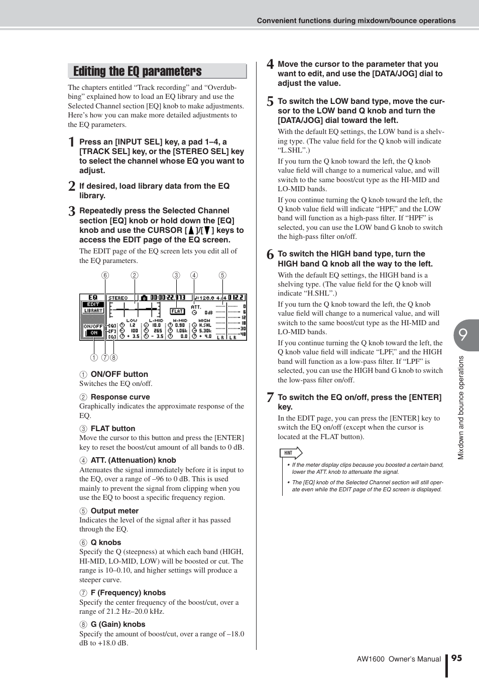 Editing the eq parameters, P. 95), Ameters such as the center frequency and q | Yamaha AW1600 User Manual | Page 95 / 232