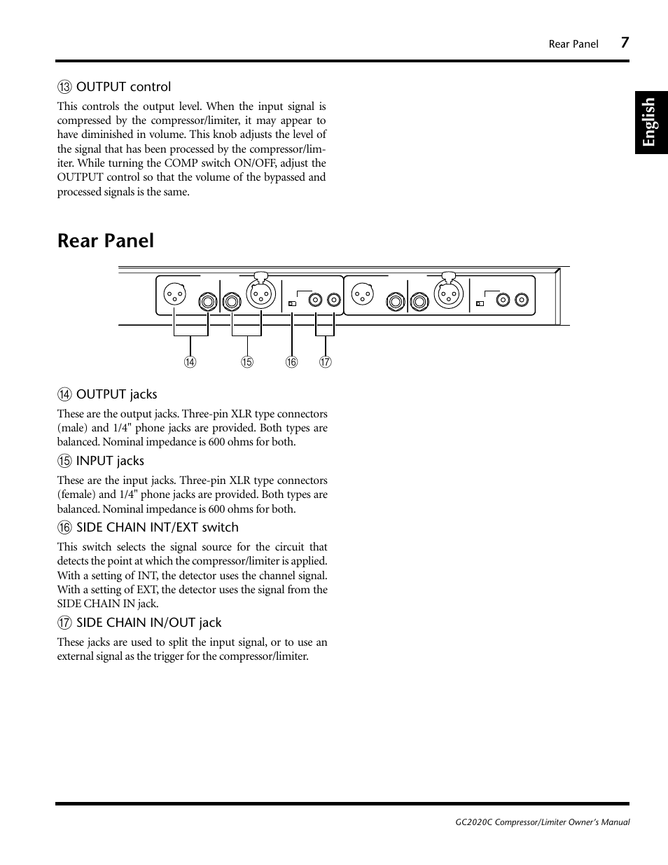 Rear panel, English | Yamaha GC2020C User Manual | Page 10 / 50