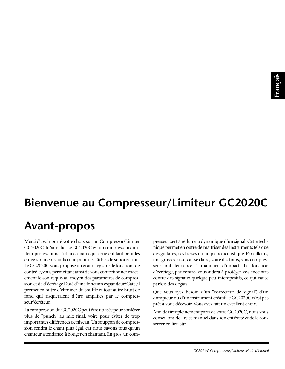 Français, Bienvenue au compresseur/limiteur gc2020c, Avant-propos | Gc2020c | Yamaha GC2020C User Manual | Page 14 / 50