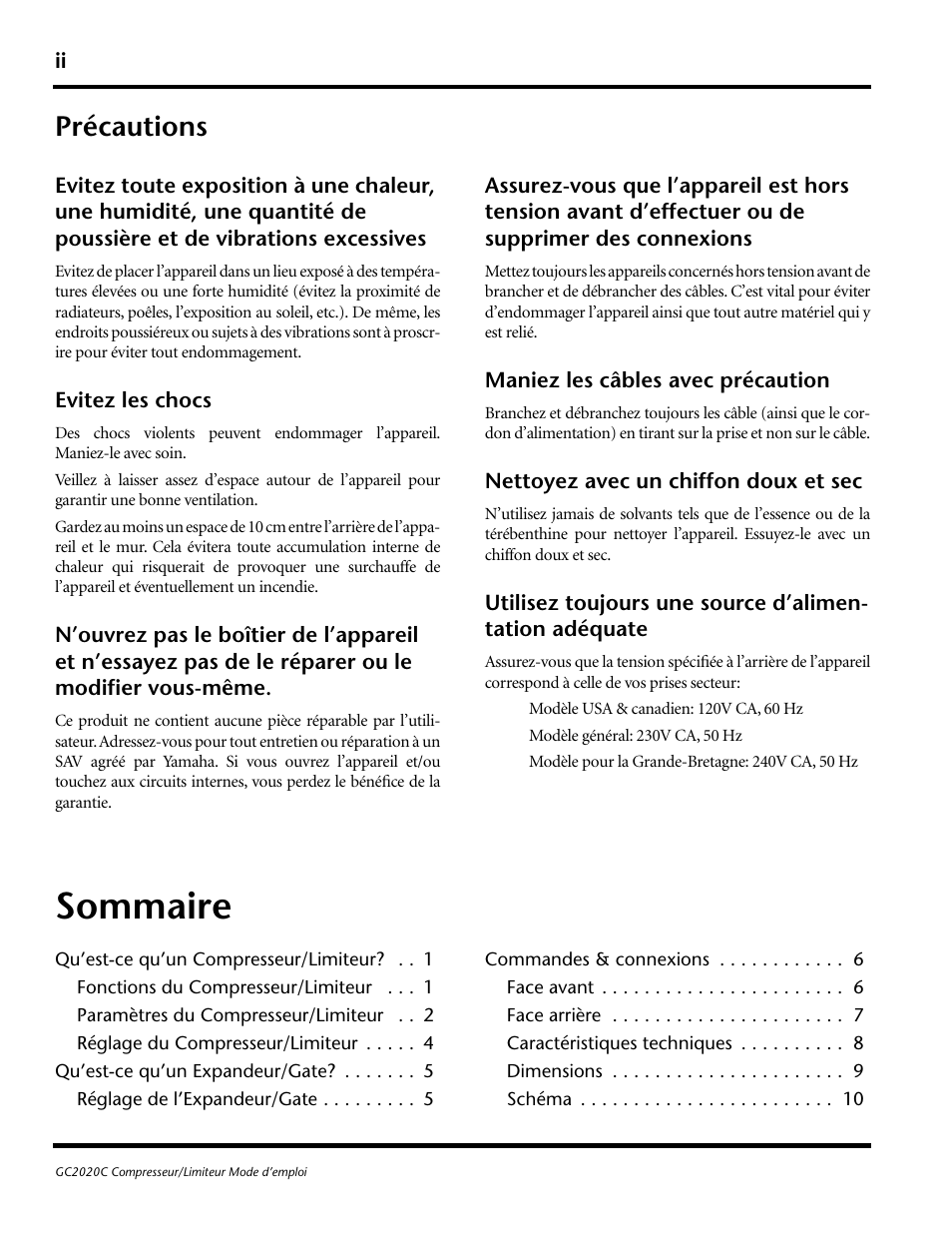 Précautions, Sommaire | Yamaha GC2020C User Manual | Page 15 / 50