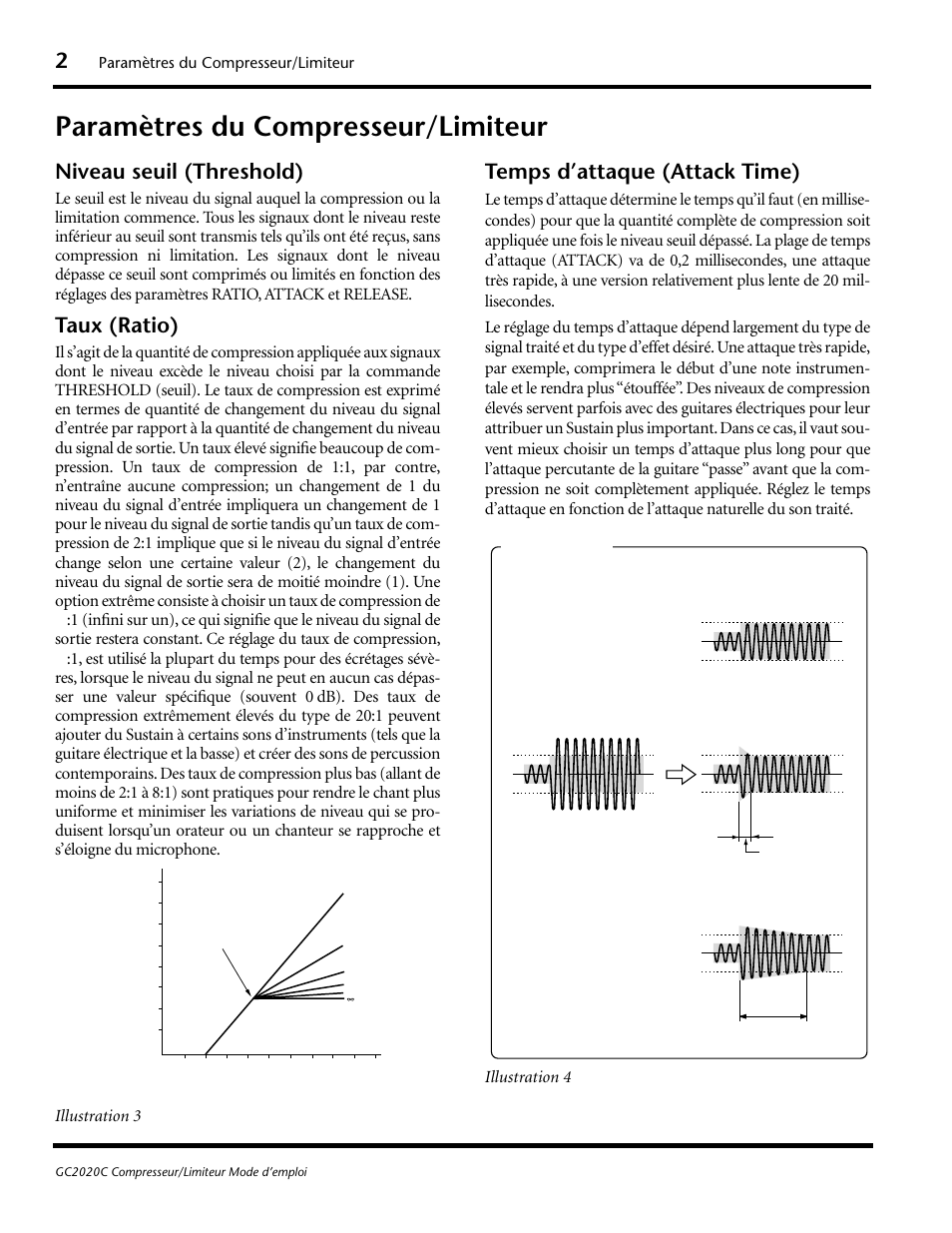 Paramètres du compresseur/limiteur, Niveau seuil (threshold), Taux (ratio) | Temps d’attaque (attack time) | Yamaha GC2020C User Manual | Page 17 / 50