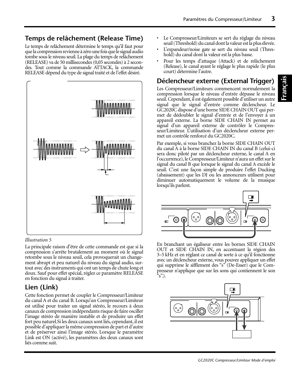 Français, Temps de relâchement (release time), Lien (link) | Déclencheur externe (external trigger) | Yamaha GC2020C User Manual | Page 18 / 50