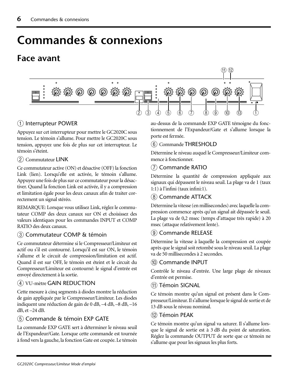 Commandes & connexions, Face avant, Interrupteur power | Link, Commutateur comp & témoin, Gain reduction, Commande & témoin exp gate, Threshold, Commande ratio, Commande attack | Yamaha GC2020C User Manual | Page 21 / 50