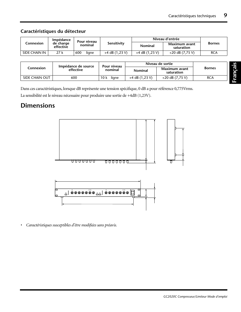 Dimensions, Français, Caractéristiques du détecteur | Yamaha GC2020C User Manual | Page 24 / 50