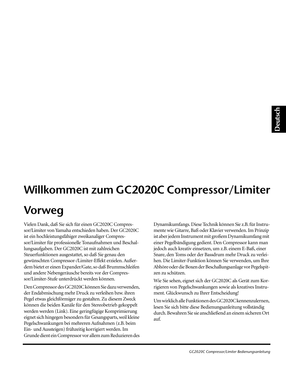 Deutsch, Willkommen zum gc2020c compressor/limiter, Vorweg | Gc2020c, Willkommen zum gc2020c compressor/limiter vorweg | Yamaha GC2020C User Manual | Page 26 / 50