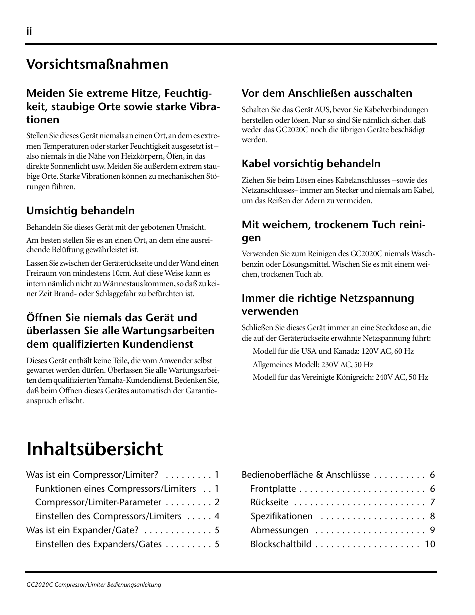 Vorsichtsmaßnahmen, Inhaltsübersicht | Yamaha GC2020C User Manual | Page 27 / 50