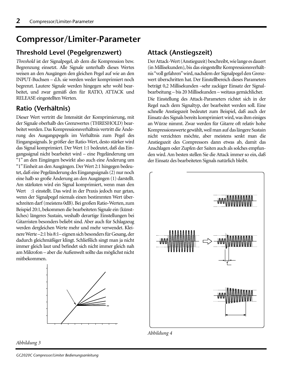 Compressor/limiter-parameter, Threshold level (pegelgrenzwert), Ratio (verhältnis) | Attack (anstiegszeit) | Yamaha GC2020C User Manual | Page 29 / 50