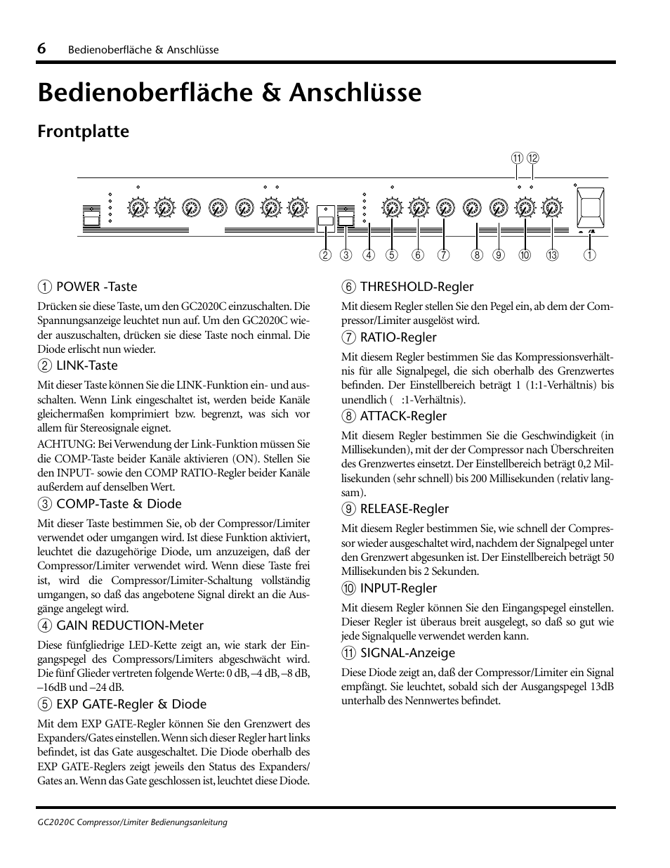 Bedienoberfläche & anschlüsse, Frontplatte, Power -taste | Link-taste, Comp-taste & diode, Gain reduction-meter, Exp gate-regler & diode, Threshold-regler, Ratio-regler, Attack-regler | Yamaha GC2020C User Manual | Page 33 / 50