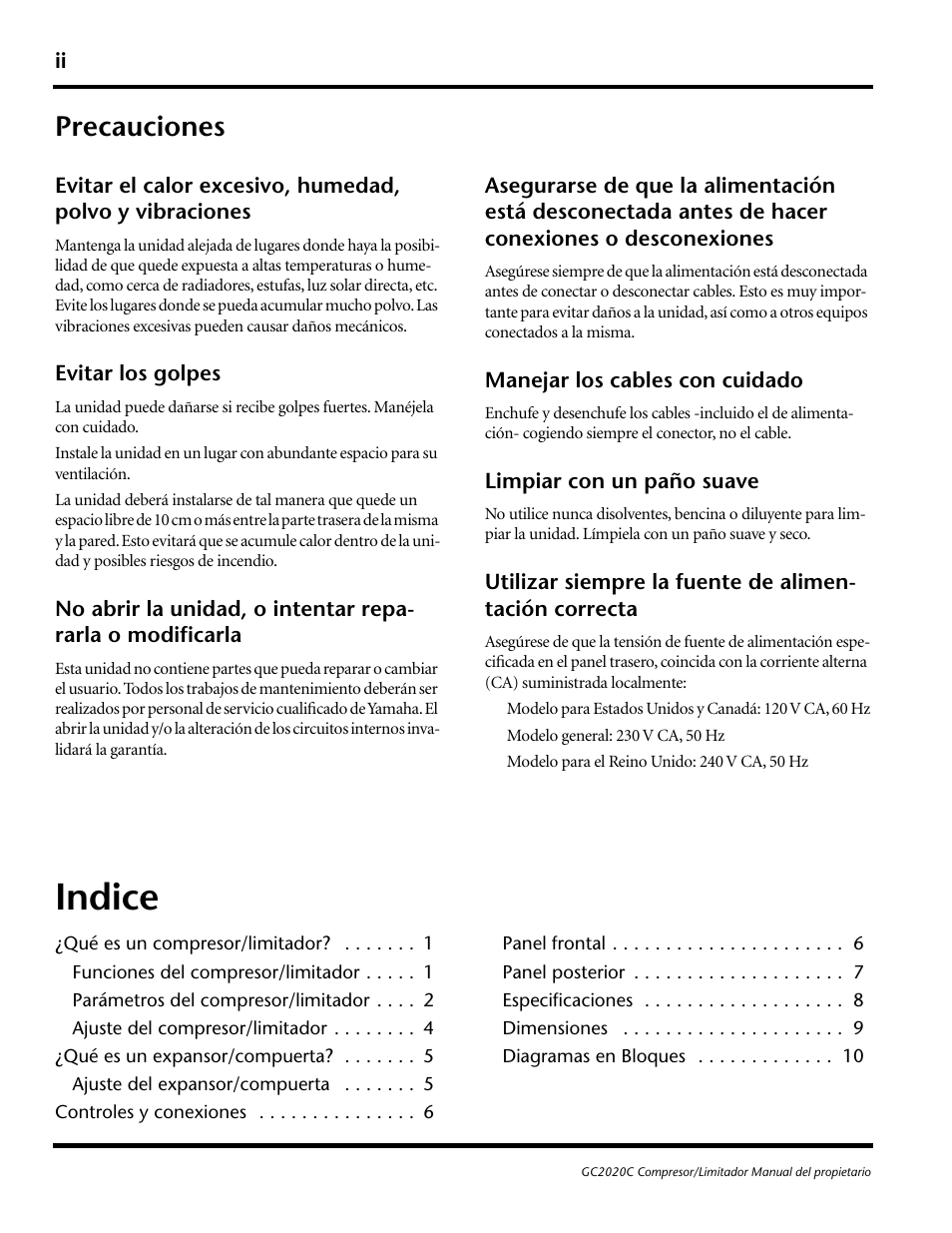 Precauciones, Indice | Yamaha GC2020C User Manual | Page 39 / 50