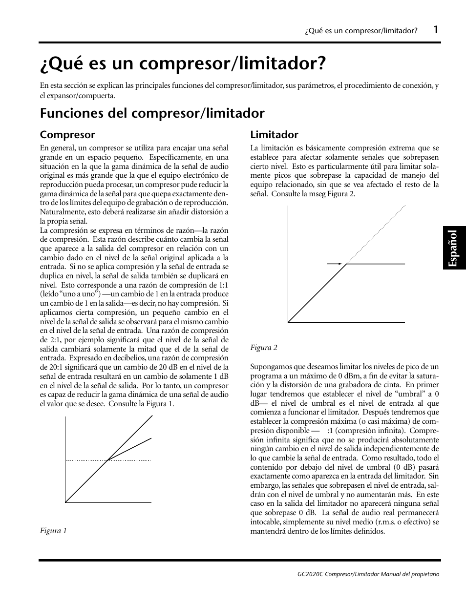 Qué es un compresor/limitador, Funciones del compresor/limitador, Español | Compresor, Limitador | Yamaha GC2020C User Manual | Page 40 / 50